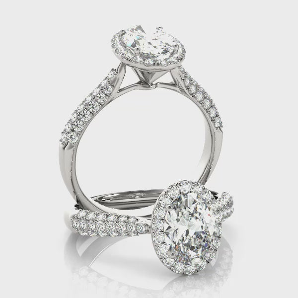 Tapered Three Rows Pavé Halo Oval Engagement Ring