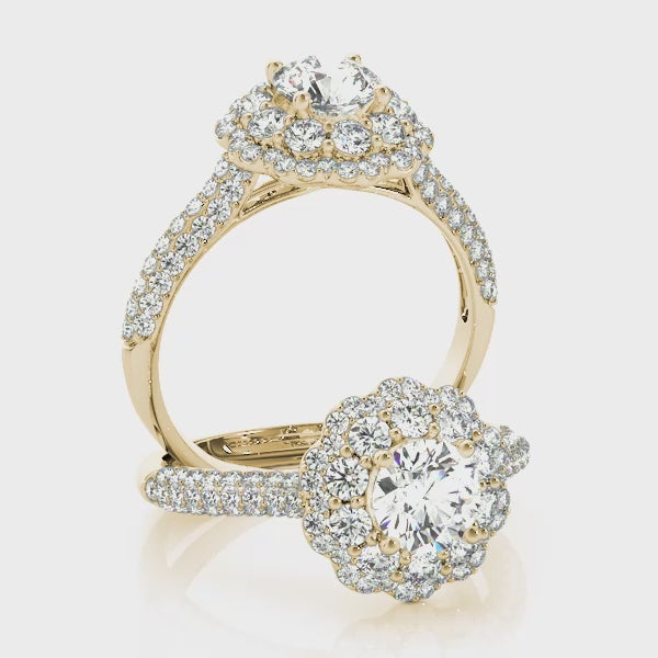 Double Floral Three Rows Pavé Round Engagement Ring