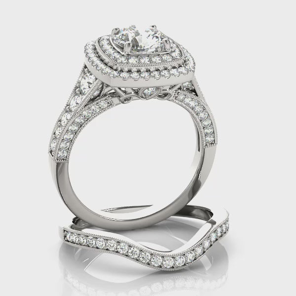 Double Square Halo with Three Rows Pavé Cathedral Peekaboo Engagement Ring