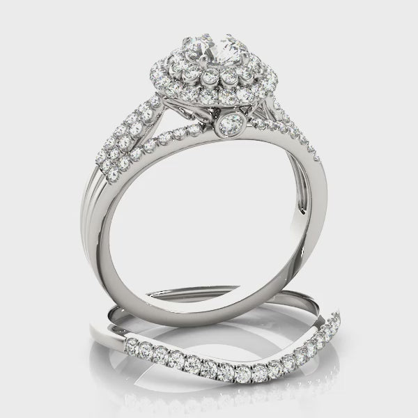 Double Halo Floral with Multi Split Shanks Round Engagement Ring