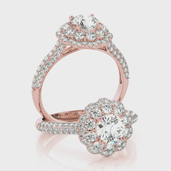Double Floral Three Rows Pavé Round Engagement Ring