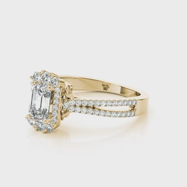Royal Halo Pavé Split Shank Emerald Cut Engagement Ring
