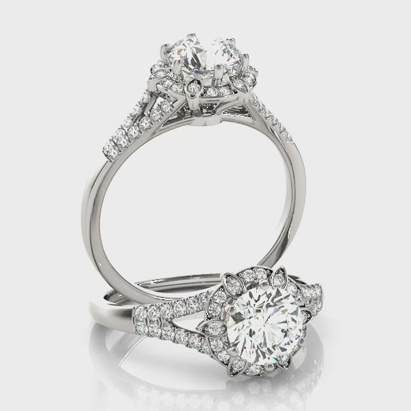 Round Diamond Pavé Halo And Split Shank Engagement Ring