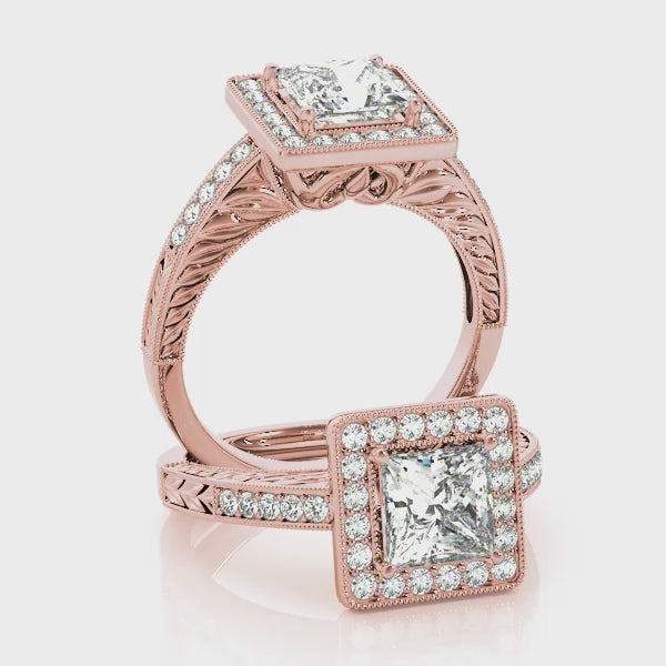 Vintage Halo Bezel Channel set Princess Cut Engagement Ring