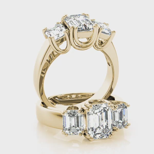 Three stones Double U Prong Emerald Cut Engagement Ring
