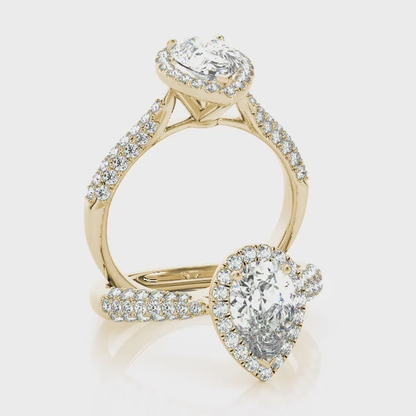 Three Rows Pavé Tapered Halo Pear Shape Engagement Ring