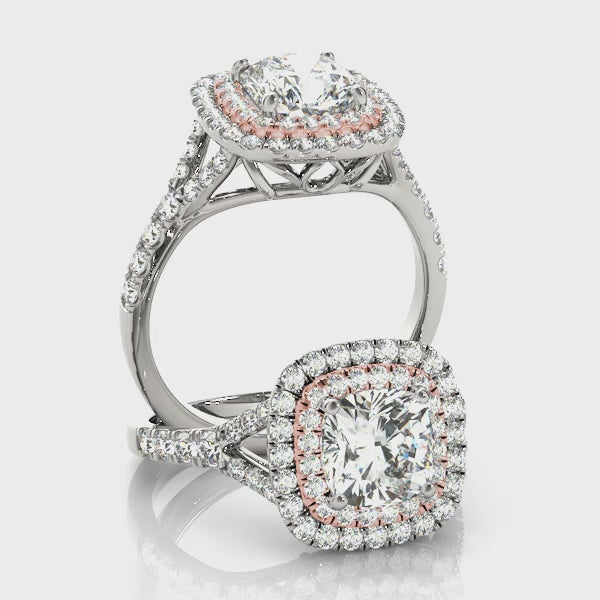 Lotus Double Halo Cushion Split Shank Pavé Engagement Ring