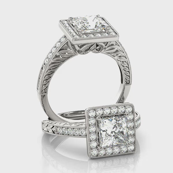 Vintage Halo Bezel Channel set Princess Cut Engagement Ring