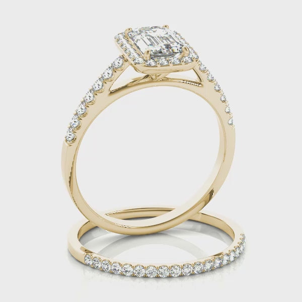 Halo Cathedral Pavé Emerald Cut Engagement Ring
