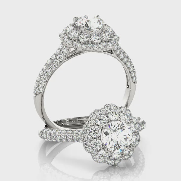 Double Floral Three Rows Pavé Round Engagement Ring