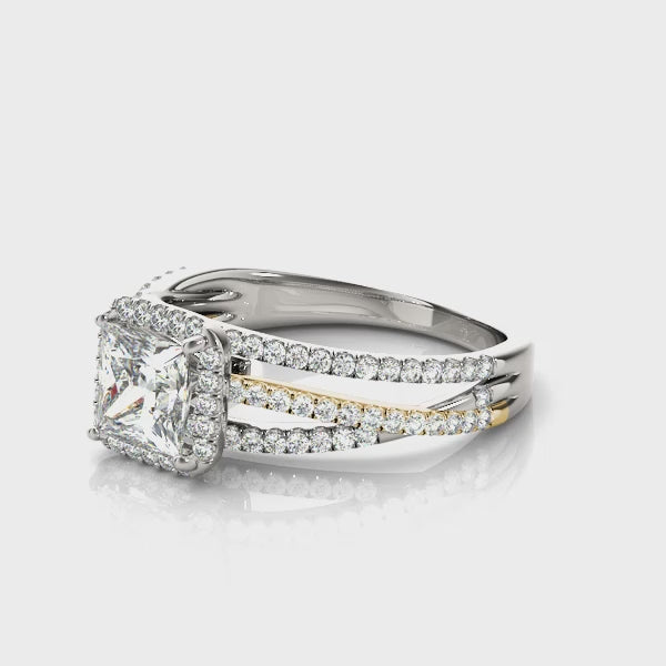 Multi Row Free Form Halo Princess Cut Engagement Ring