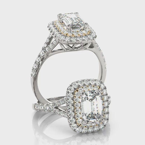 Vintage Double Halo Split Shank Emerald Cut Engagement Ring