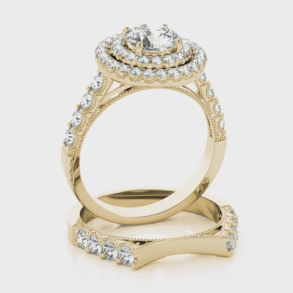 Four Prongs Vintage Double Halo Round Engagement Ring