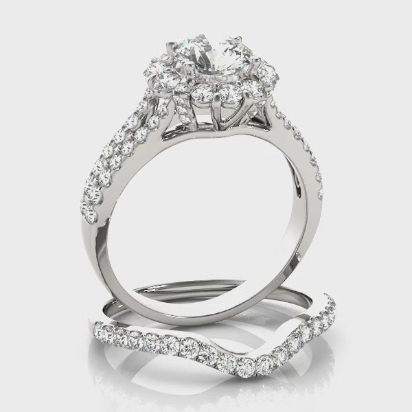 Float Flower Halo with Pavé Split Shank Round Engagement Ring
