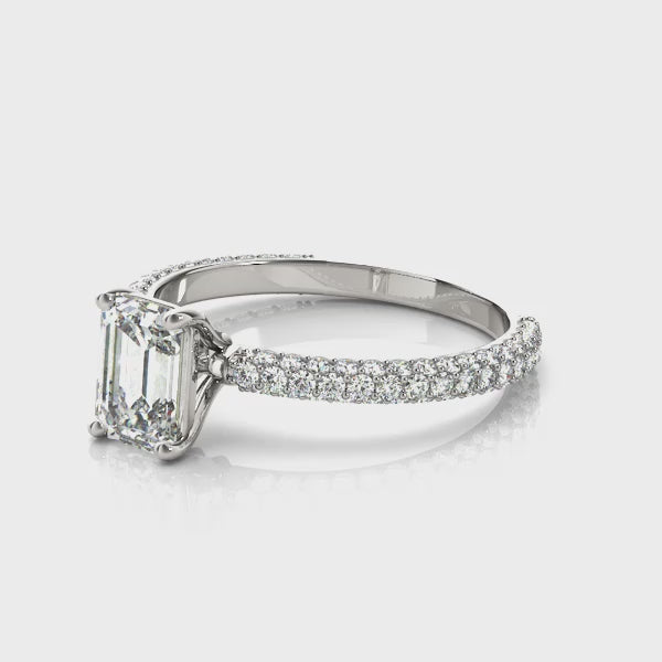Three Rows Pavé Solitaire Emerald Cut Engagement Ring