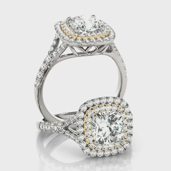 Lotus Double Halo Cushion Split Shank Pavé Engagement Ring