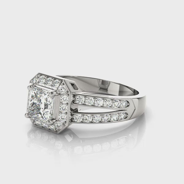 Vintage Halo Chanel Split Shank Princess Cut Engagement Ring