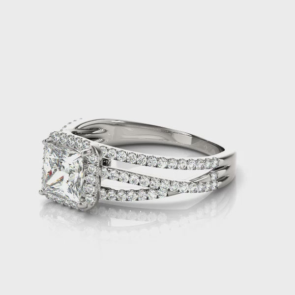 Multi Row Free Form Halo Princess Cut Engagement Ring