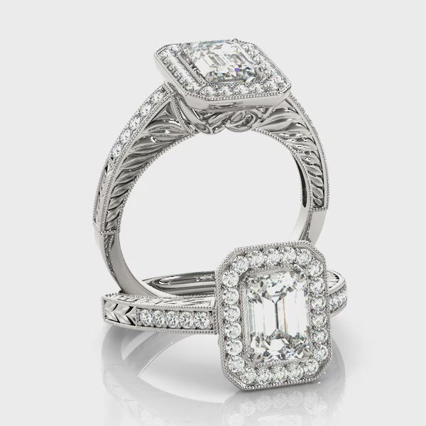 Vintage Halo Solitaire Emerald Cut Engagement RIng