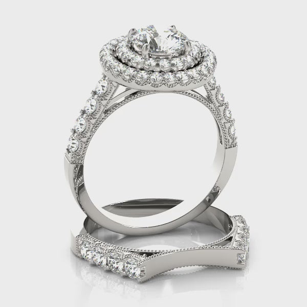 Four Prongs Vintage Double Halo Round Engagement Ring