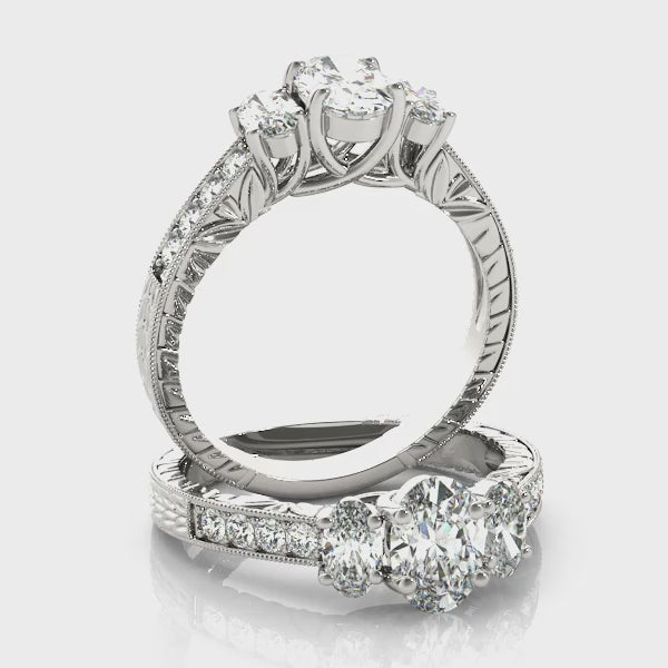 Vintage Trellis Tulip Channel Three stones Oval Engagement Ring