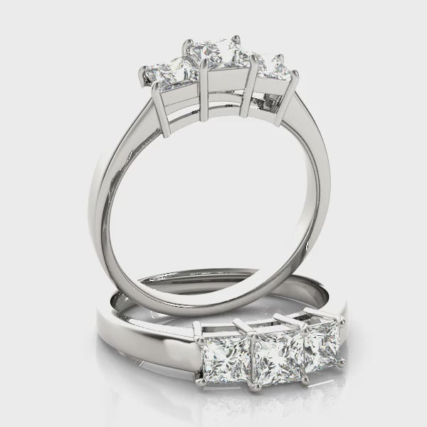 Low Profile Three Stones Trellis Princess Cut Engagement Ring