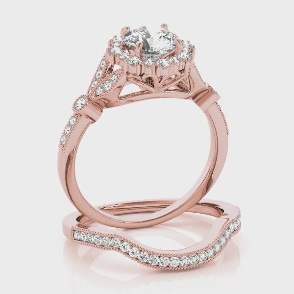 Vintage Halo Floral Cathedral Round Engagement Ring