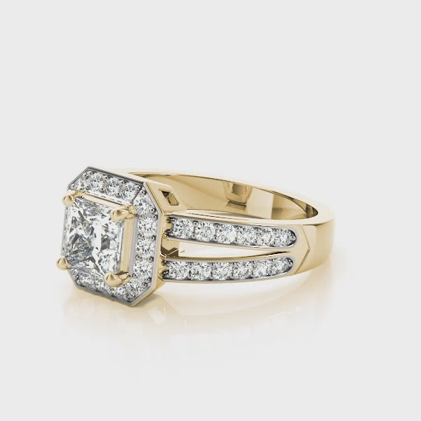 Vintage Halo Chanel Split Shank Princess Cut Engagement Ring