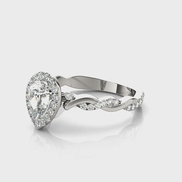 Twisted Pavé Shank Halo Pear Shape Engagement Ring