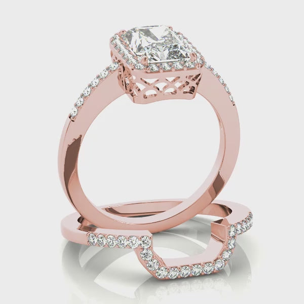 Halo Pavé Knife Edge Filigree Emerald Cut Engagement Ring