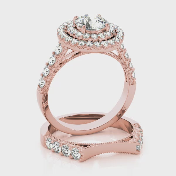 Four Prongs Vintage Double Halo Round Engagement Ring