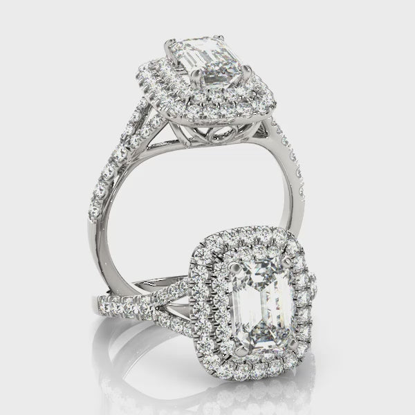 Vintage Double Halo Split Shank Emerald Cut Engagement Ring