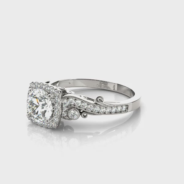 Vintage Square Halo Trellis Round Engagement Ring