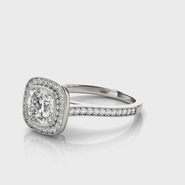 Bezel Halo Channel Pavé Wrapped Cushion Engagement Ring