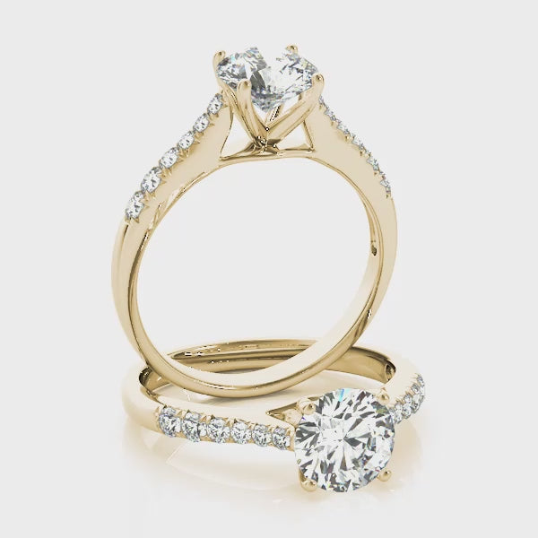 Four Prongs Tapered Pavé Cathedral Round Engagement Ring