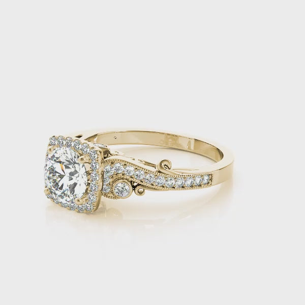 Vintage Square Halo Trellis Round Engagement Ring