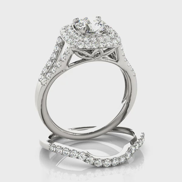 Double Halo Pavé Split Shank Lotus Round Engagement Ring