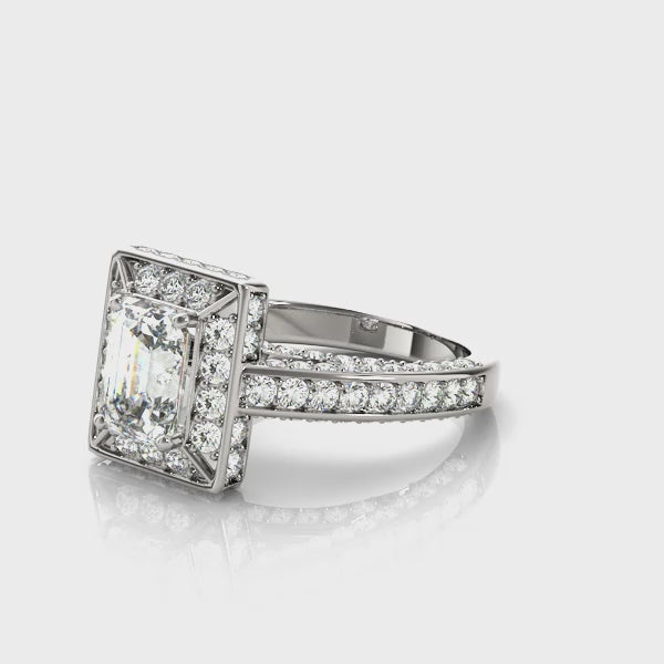 Halo Pavé Bridge Accent Emerald Cut Engagement Ring