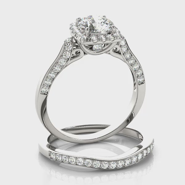 Vintage Artsy Square Halo Cathedral Round Engagement Ring