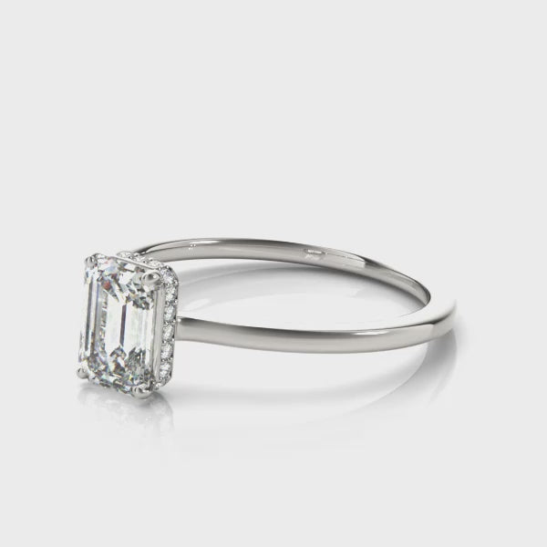 Classic Solitaire Hidden Halo Emerald Cut Engagement Ring