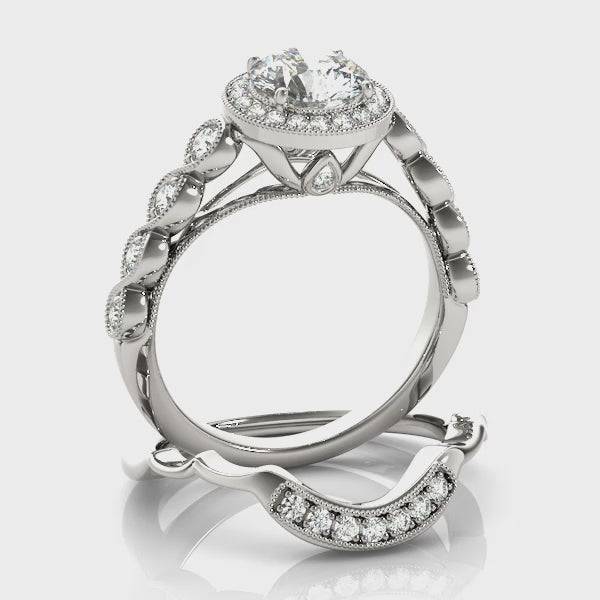 Round Diamond Halo with Marquise Bezel Band Peeka Boo Engagement Ring