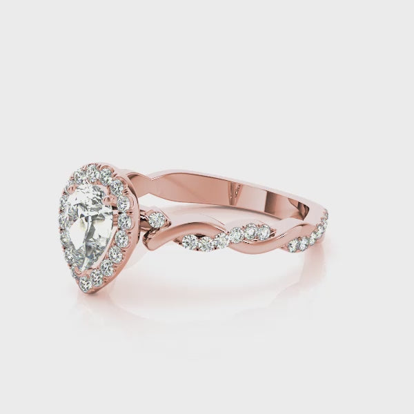 Twisted Pavé Shank Halo Pear Shape Engagement Ring