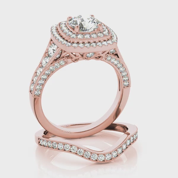 Double Square Halo with Three Rows Pavé Cathedral Peekaboo Engagement Ring