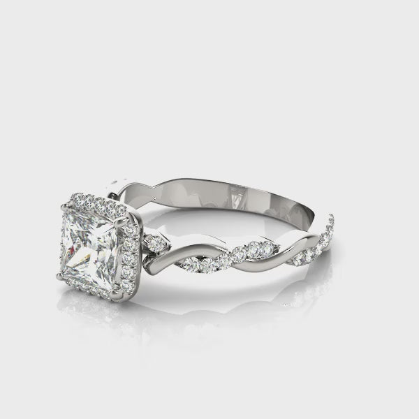 Pavé Twisted Shank Halo Princess Cut Engagement Ring