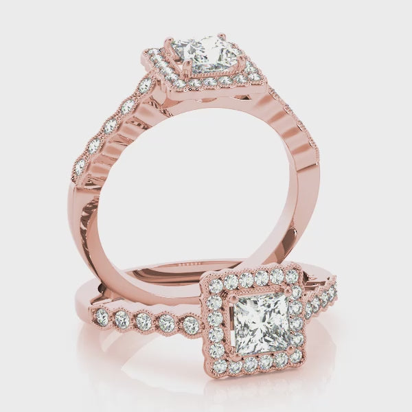Halo Milgrain Princess Cut Engagement Ring