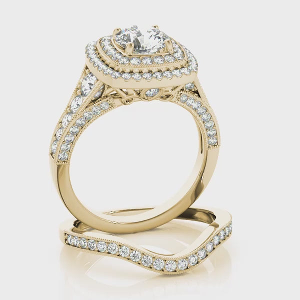 Double Square Halo with Three Rows Pavé Cathedral Peekaboo Engagement Ring
