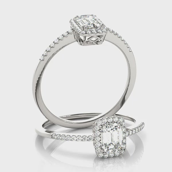 Halo with Pavé Shank Emerald Cut Engagement Ring