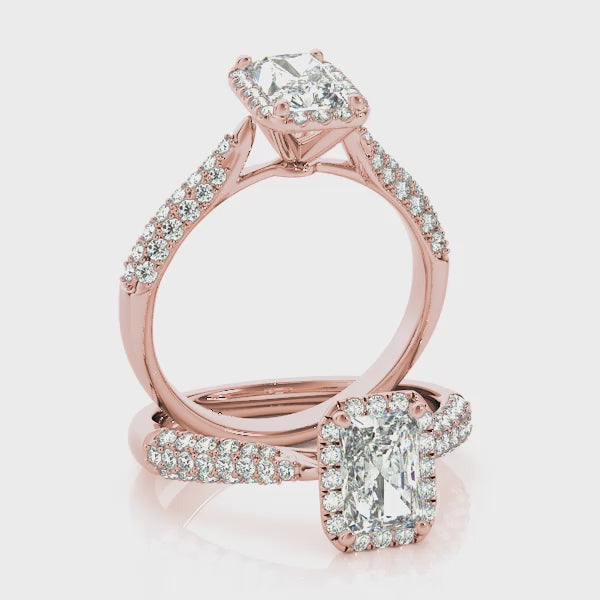 Three Rows Pavé Tapered Halo Emerald Cut Engagement Ring