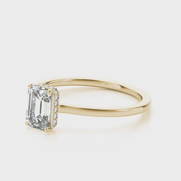 Classic Solitaire Hidden Halo Emerald Cut Engagement Ring