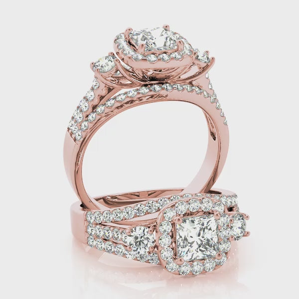 Three Stones Trellis Multi Rows Split Shank Princess Cut Engagement Ring